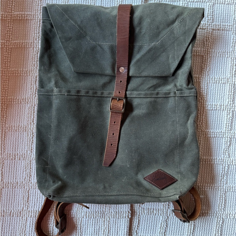 Olive Green Canvas Backpack with Brown Leather Straps